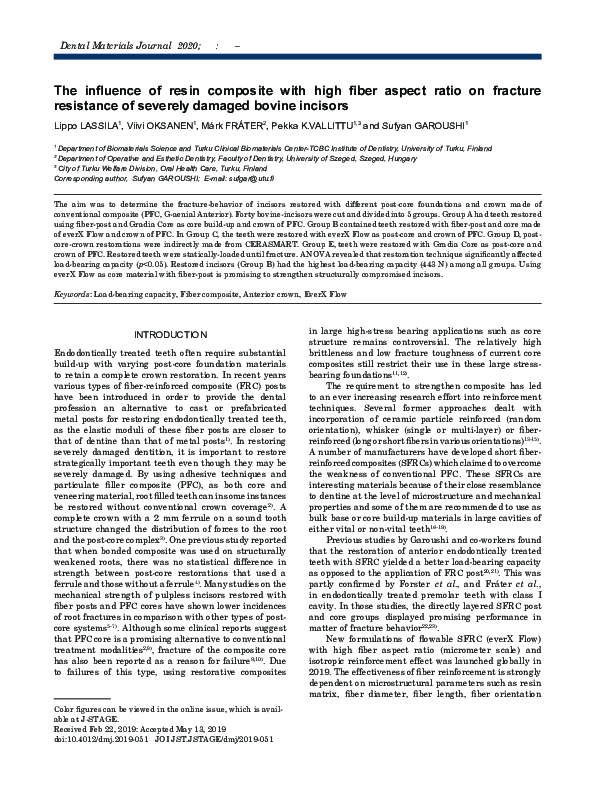 First page of “The influence of resin composite with high fiber aspect ratio on fracture resistance of severely damaged bovine incisors”