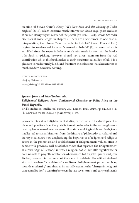 First page of “Spaans Joke, and Jetzte Touber, eds. Enlightened Religion: From Confessional Churches to Polite Piety in the Dutch Republic. Brill’s Studies in Intellectual History 297. Leiden: Brill, 2019. Pp. xii, 378 + 40 ill. ISBN 978-90-04-29892-7.”