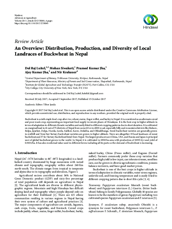 First page of “An Overview: Distribution, Production, and Diversity of Local Landraces of Buckwheat in Nepal”