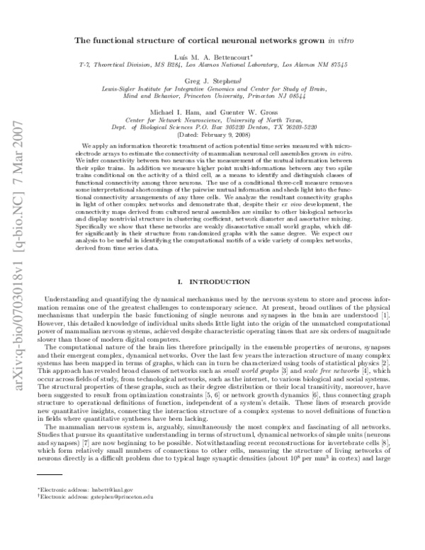 First page of “Functional structure of cortical neuronal networks grown in vitro”