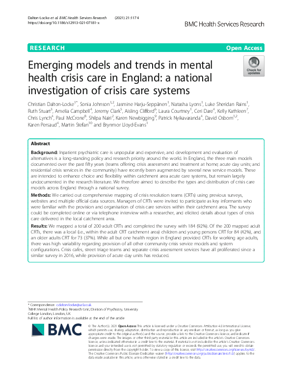 First page of “Emerging models and trends in mental health crisis care in England: a national investigation of crisis care systems”