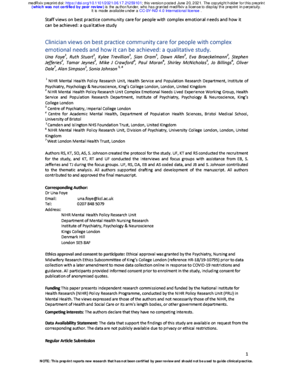 First page of “Clinician views on best practice community care for people with complex emotional needs and how it can be achieved: a qualitative study”