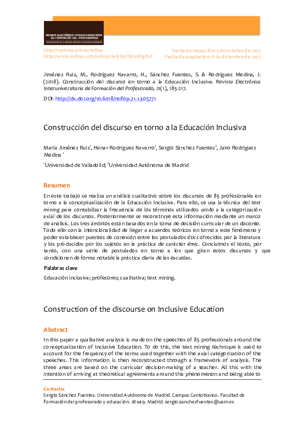 First page of “Construcción del discurso en torno a la Educación Inclusiva”