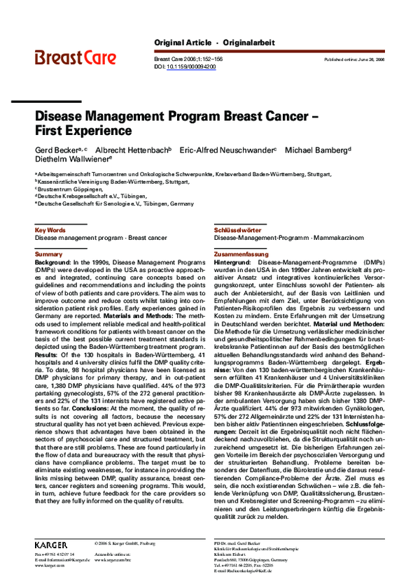 First page of “Disease Management Program Breast Cancer – First Experience”