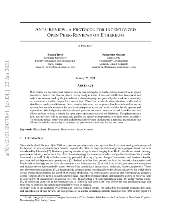 First page of “Ants-Review: A Privacy-Oriented Protocol for Incentivized Open Peer Reviews on Ethereum”