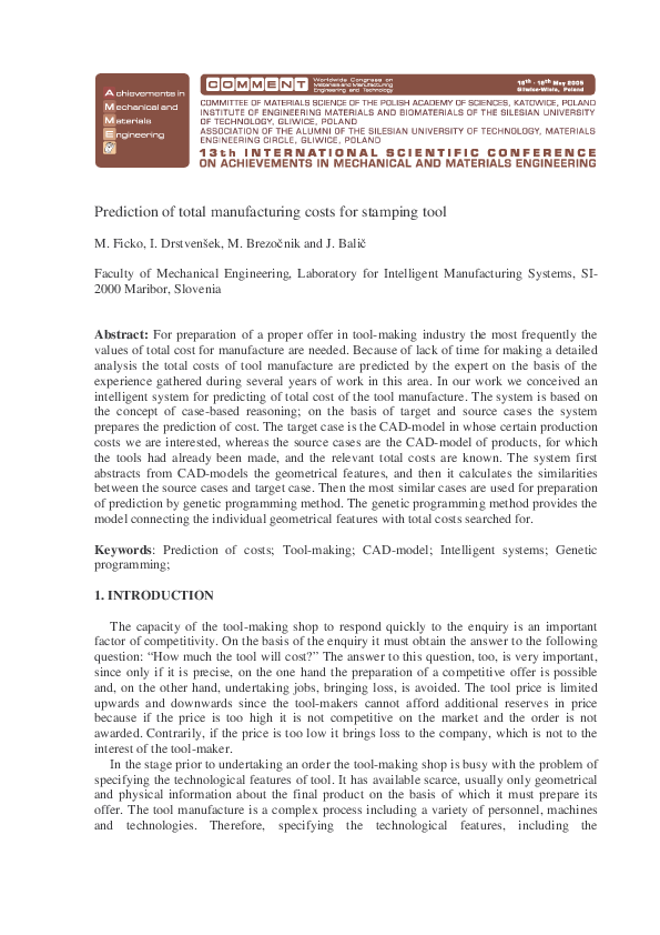 First page of “Prediction of total manufacturing costs for stamping tool on the basis of CAD-model of finished product”