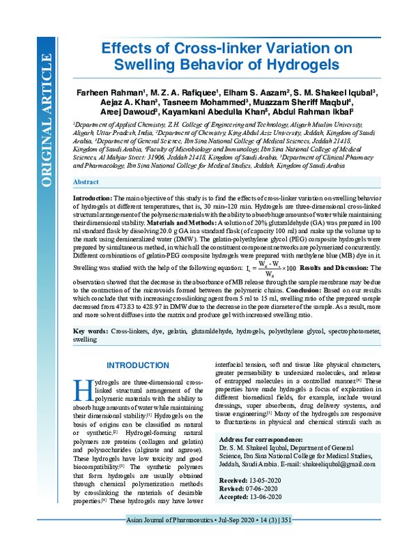 First page of “Effects of Cross-linker Variation on Swelling Behavior of Hydrogels”