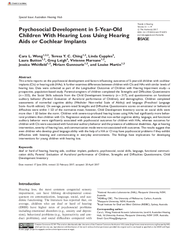 First page of “Psychosocial Development in 5-Year-Old Children With Hearing Loss Using Hearing Aids or Cochlear Implants”