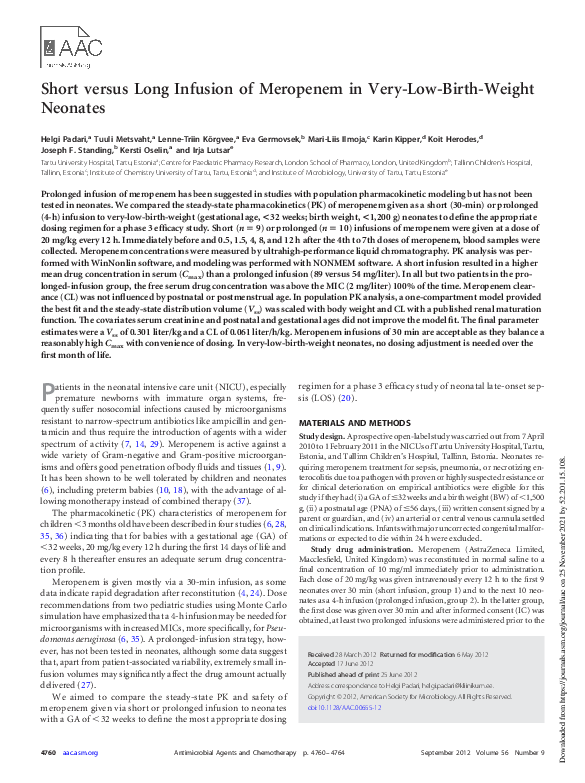 First page of “Short versus Long Infusion of Meropenem in Very-Low-Birth-Weight Neonates”