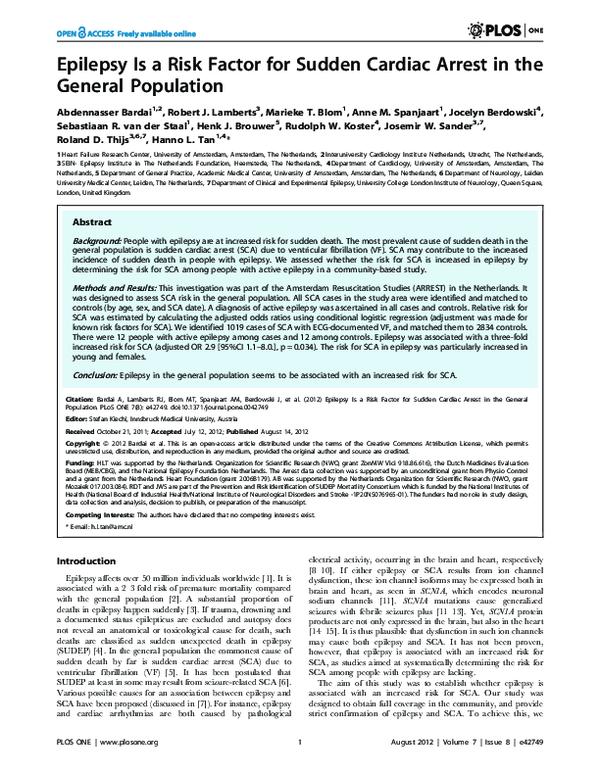 First page of “Epilepsy Is a Risk Factor for Sudden Cardiac Arrest in the General Population”