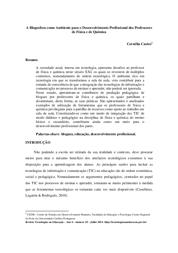 First page of “A Blogosfera como Ambiente para o Desenvolvimento Profissional dos Professores de Física e Química”