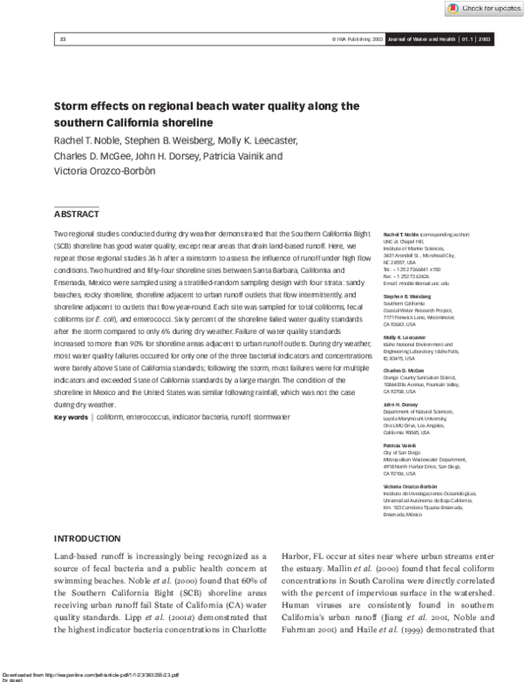 First page of “Storm effects on regional beach water quality along the southern California shoreline”