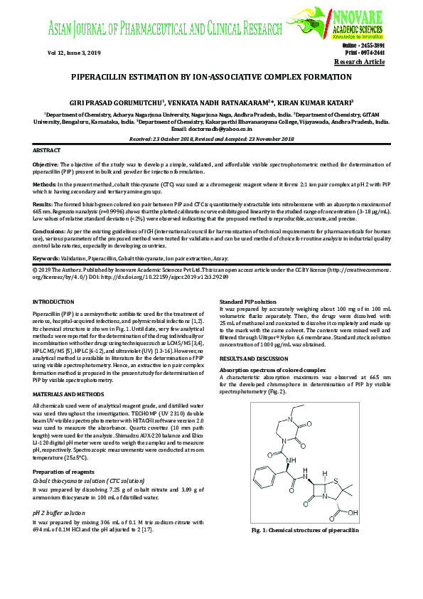 First page of “Piperacillin Estimation by Ion-Associative Complex Formation”