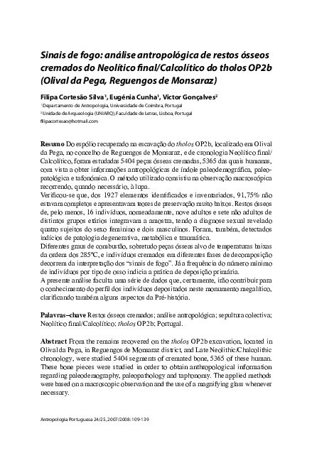 First page of “Sinais de fogo: análise antropológica de restos ósseos cremados do Neolítico final/Calcolítico do tholos OP2b (Olival da Pega, Reguengos de Monsaraz)”