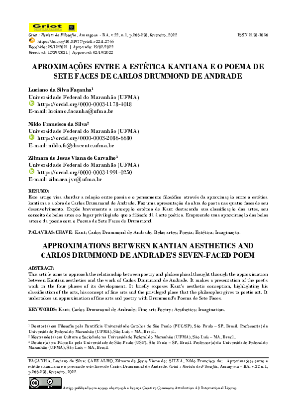 First page of “Aproximações entre a estética kantiana e o poema de sete faces de Carlos Drummond de Andrade”