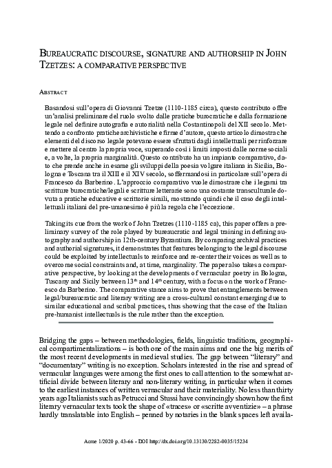 First page of “Bureaucratic discourse, signature and authorship in John Tzetzes: a comparative perspective”