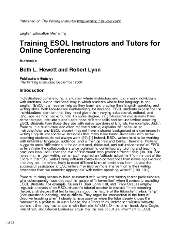 First page of “Training ESOL Instructors and Tutors for Online Conferencing”