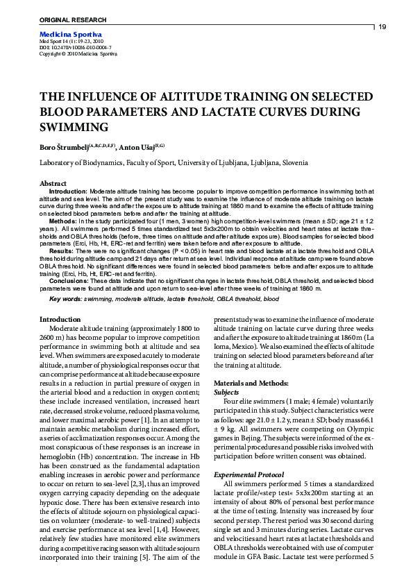 First page of “The Influence of Altitude Training on Selected Blood Parameters and Lactate Curves During Swimming”