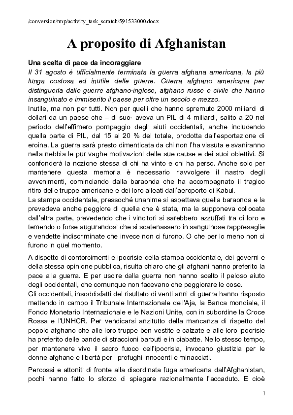 First page of “La guerra Afghana 2001-2021”