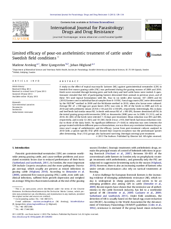 First page of “Limited efficacy of pour-on anthelmintic treatment of cattle under Swedish field conditions”