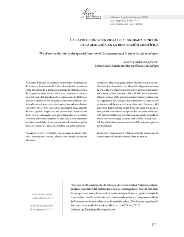 First page of “La revolución silenciosa o la ignorada función de la medición en la revolución científica”