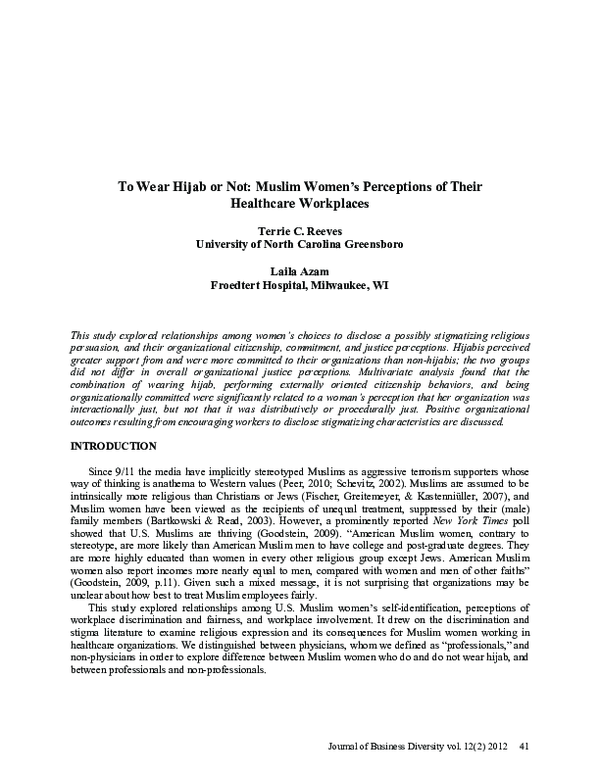 First page of “To Wear Hijab or Not: Muslim Women’s Perceptions of Their Healthcare Workplaces”