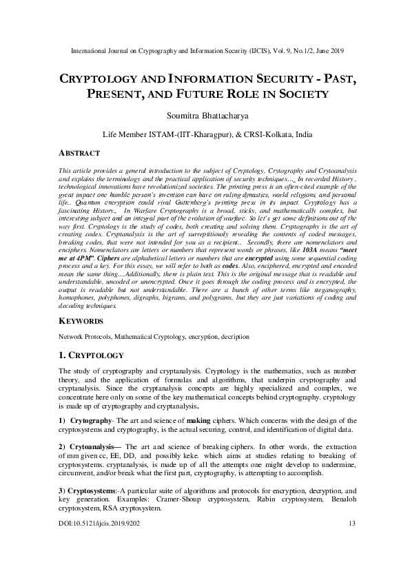 First page of “Cryptology and Information Security - Past, Present, and Future Role in Society”