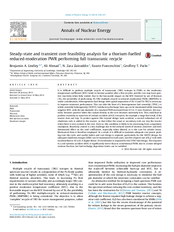 First page of “Steady-state and transient core feasibility analysis for a thorium-fuelled reduced-moderation PWR performing full transuranic recycle”