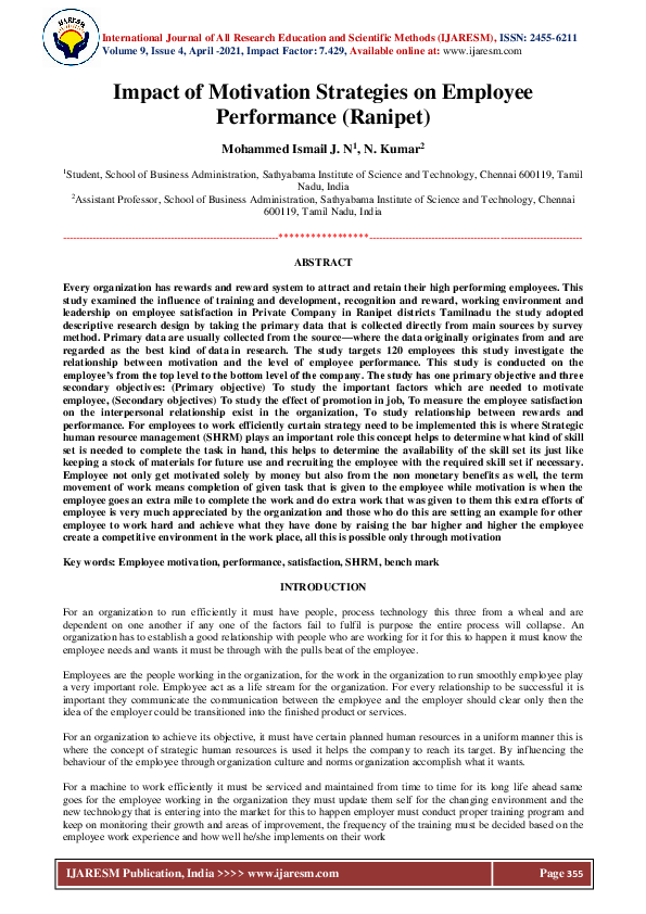 First page of “Impact of Motivation Strategies on Employee Performance (Ranipet”