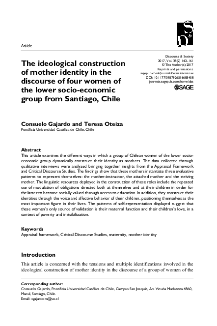 First page of “The ideological construction of mother identity in the discourse of four women of the lower socio-economic group from Santiago, Chile”