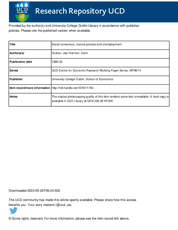 First page of “Social consensus, income policies and unemployment”