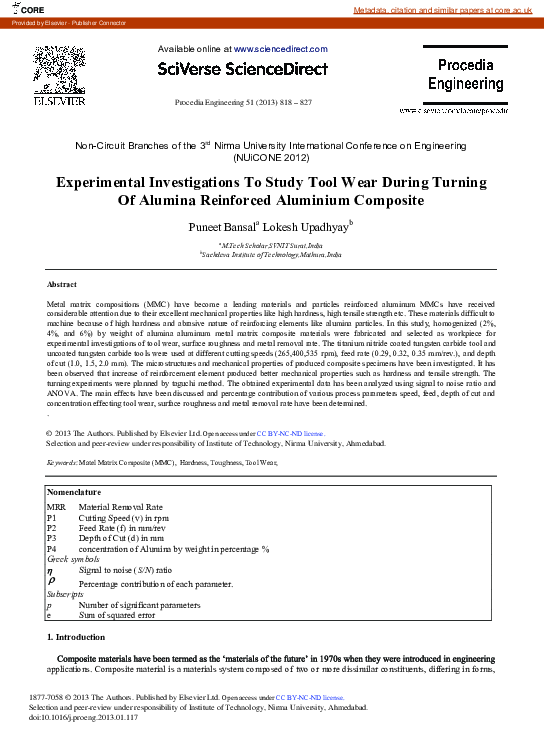 First page of “Experimental Investigations to Study Tool Wear During Turning of Alumina Reinforced Aluminium Composite”