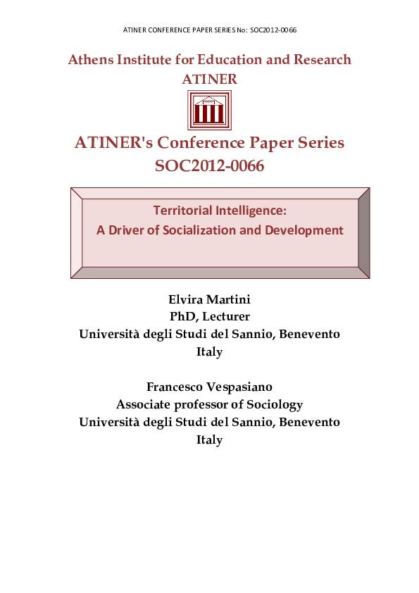 First page of “ATINER&apos;s Conference Paper Series SOC2012-0066 Territorial Intelligence: A Driver of Socialization and Development”