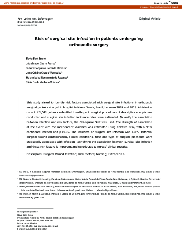 First page of “Risco para infecção de sítio cirúrgico em pacientes submetidos a cirurgias ortopédicas”