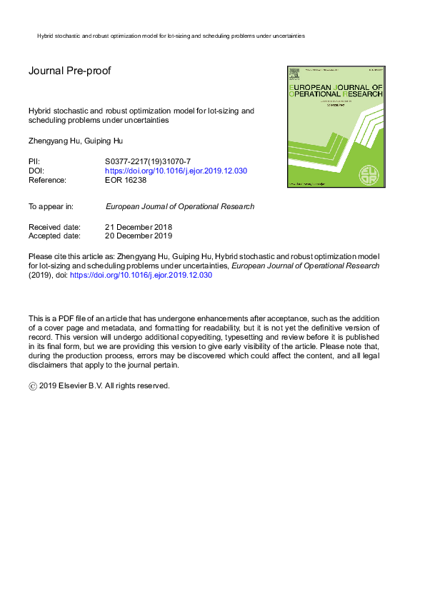 First page of “Hybrid stochastic and robust optimization model for lot-sizing and scheduling problems under uncertainties”