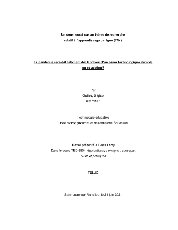 First page of “La pandémie sera t il l’élément déclencheur d’un essor technologique durable en éducation”