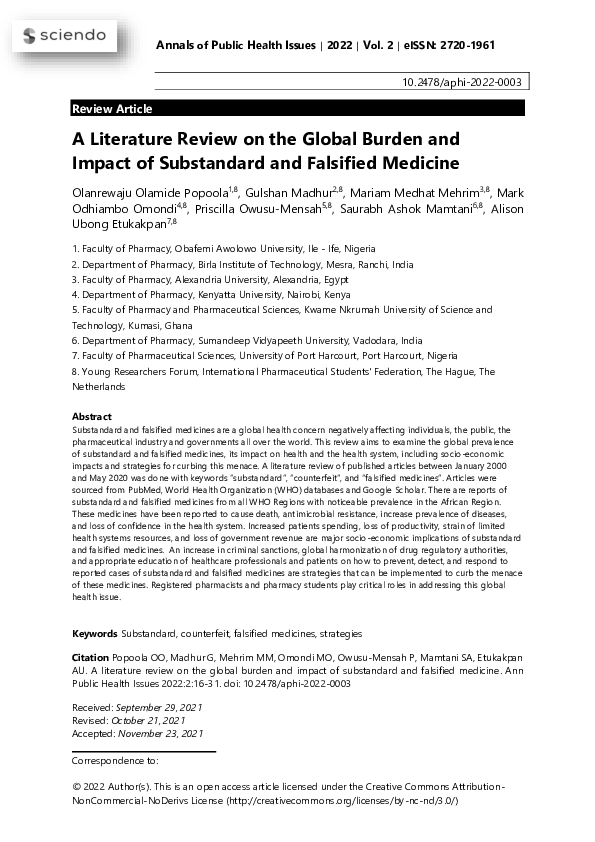 First page of “A Literature Review on the Global Burden and Impact of Substandard and Falsified Medicine”