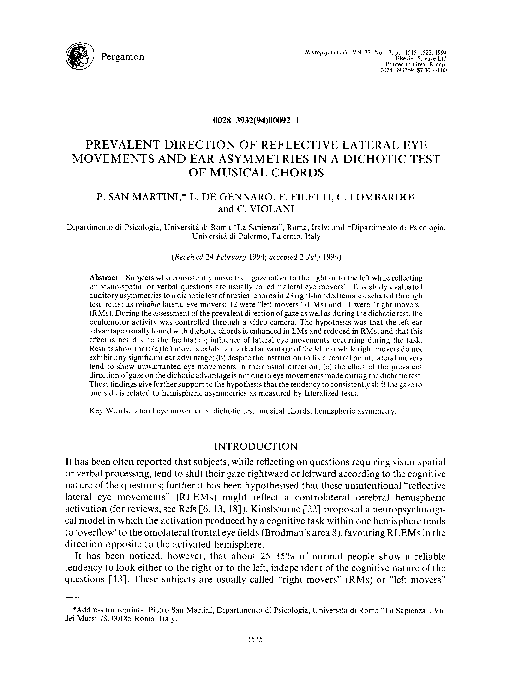 First page of “Prevalent direction of reflective lateral eye movements and ear asymmetries in a dichotic test of musical chords”