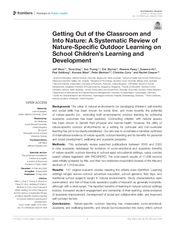 First page of “Getting Out of the Classroom and Into Nature: A Systematic Review of Nature-Specific Outdoor Learning on School Children's Learning and Development”