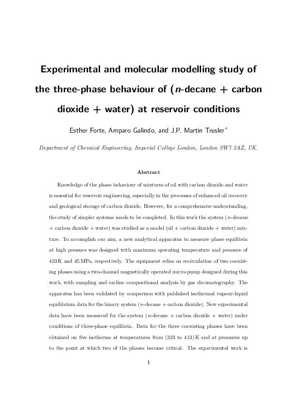 First page of “Experimental and Molecular Modeling Study of the Three-Phase Behavior of ( n -Decane + Carbon Dioxide + Water) at Reservoir Conditions”