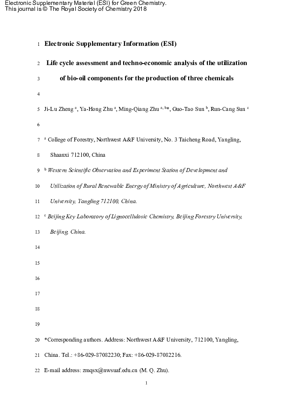 First page of “Life-cycle assessment and techno-economic analysis of the utilization of bio-oil components for the production of three chemicals”