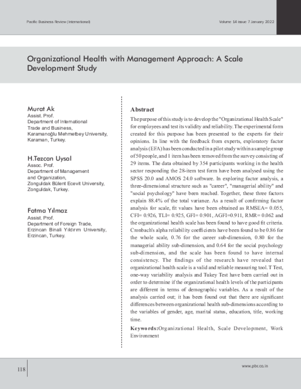 First page of “Organizational Health With Management Approach A Scale Development Study”