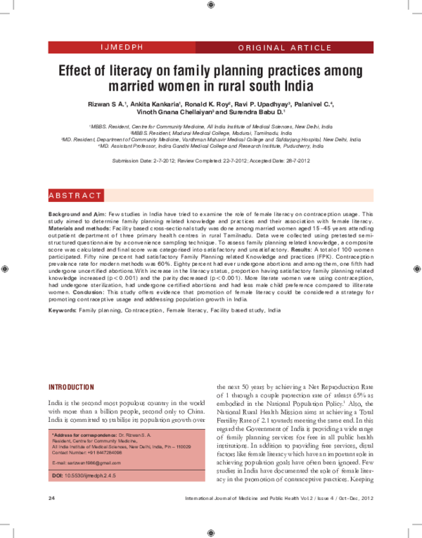 First page of “Effect of literacy on family planning practices among married women in rural south India”