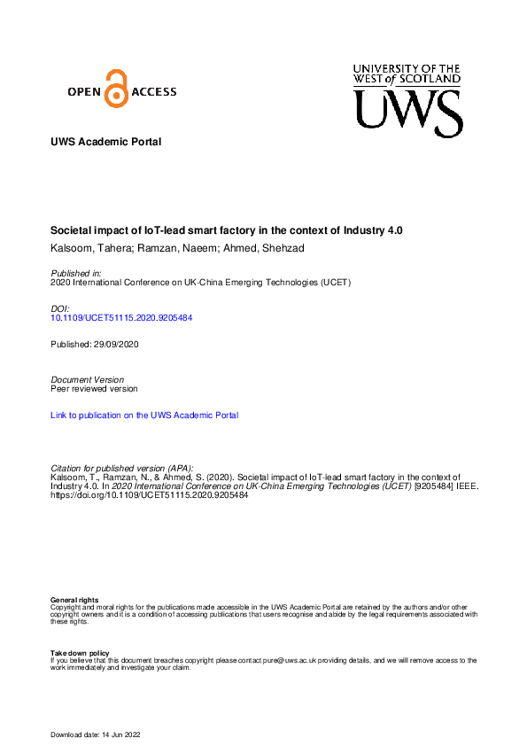 First page of “Societal Impact of IoT-Lead Smart Factory in the Context of Industry 4.0”