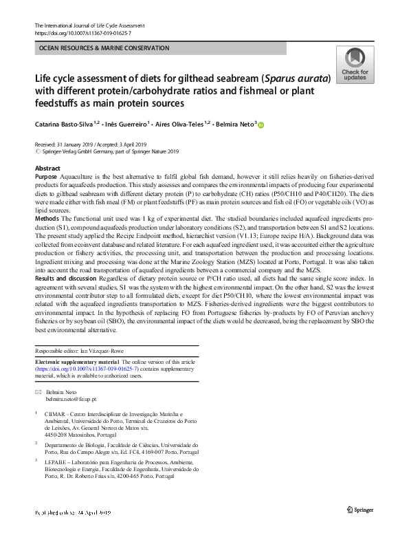 First page of “Life cycle assessment of diets for gilthead seabream (Sparus aurata) with different protein/carbohydrate ratios and fishmeal or plant feedstuffs as main protein sources”