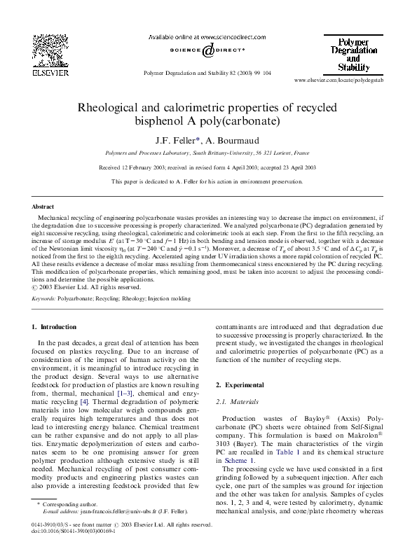 First page of “Rheological and calorimetric properties of recycled bisphenol A poly(carbonate)”