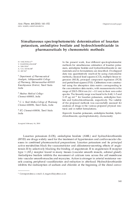 First page of “Simultaneous spectrophotometric determination of losartan potassium, amlodipine besilate and hydrochlorothiazide in pharmaceuticals by chemometric methods”