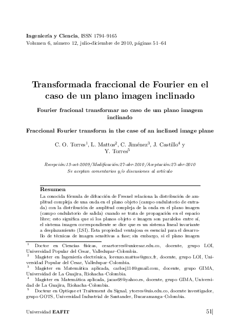 First page of “Transformada fraccional de Fourier en el caso de un plano imagen inclinado”