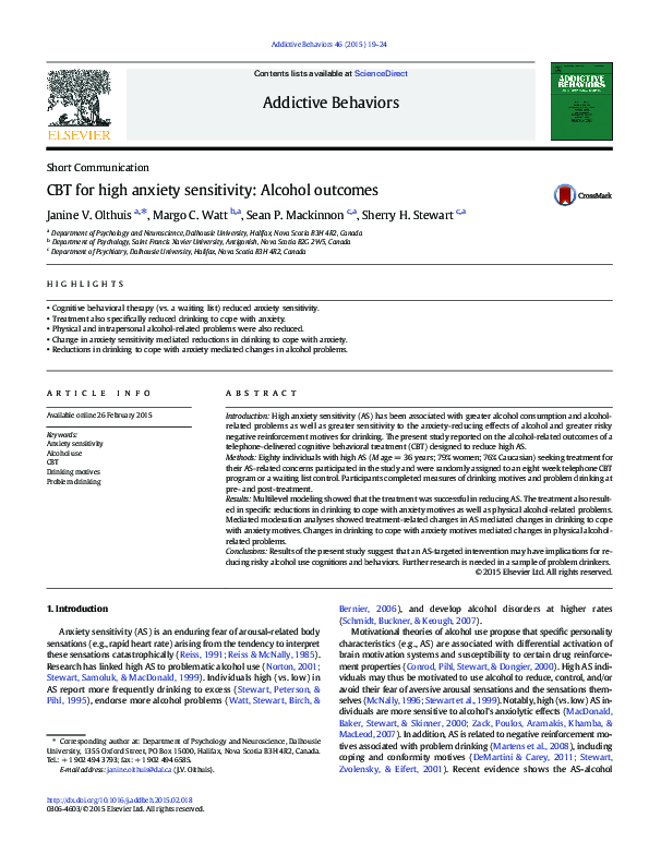 First page of “CBT for High Anxiety Sensitivity: Alcohol Outcomes”