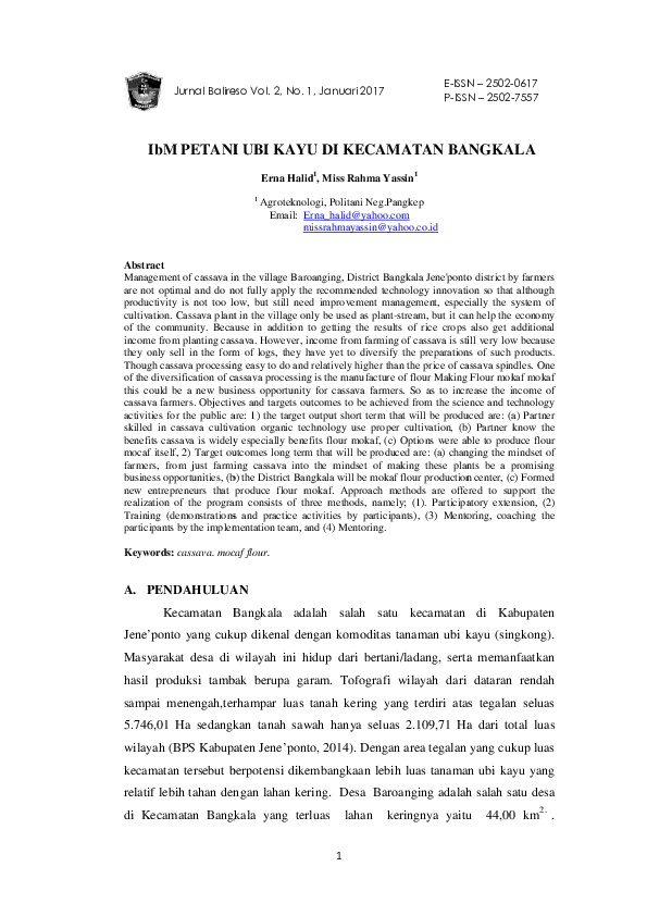 First page of “IbM PETANI UBI KAYU DI KECAMATAN BANGKALA”